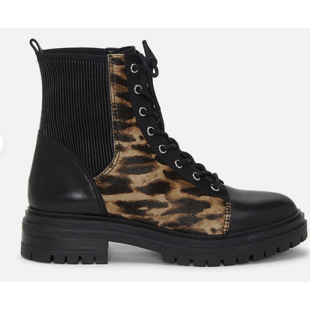 Vince Camuto Bestenda3 Leather Lace-Up Combat Boot Black/Leopard (MSRP $190)
